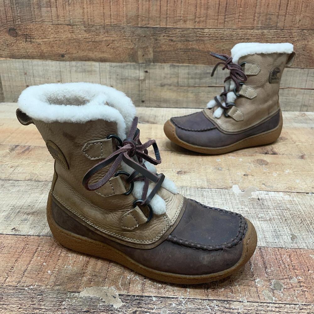 Sorel Snow Boots Womens Size 6.5 38 Brown Leather Shearling Mid Calf NL1915-250